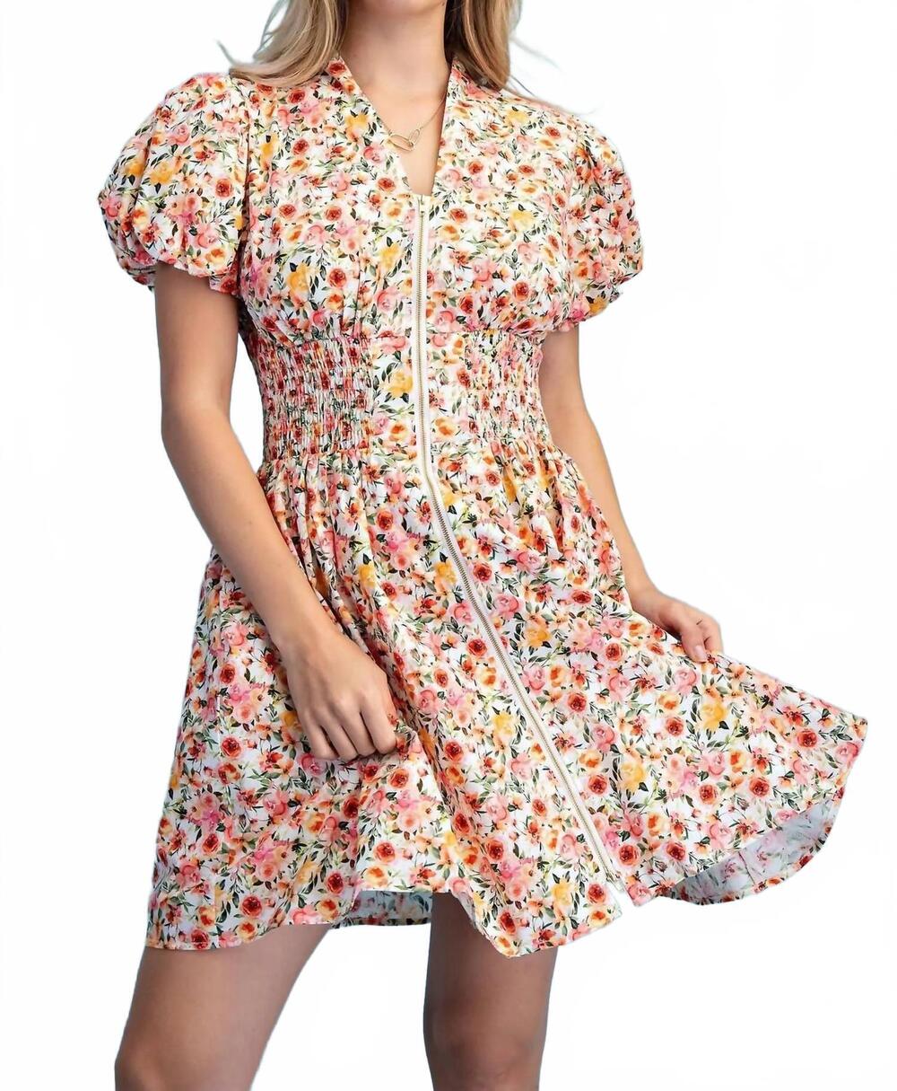 NEW GIGIO rose print puff sleeve mini dress in pink